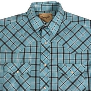 Wrangler Western Pearl Snap Short Sleeve Shirt Blue Plaid Flap Pockets Mens M